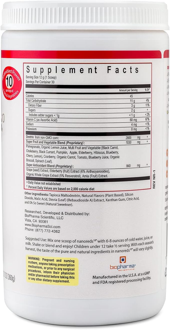 Biopharma Scientific Nanoreds: Reds Superfood Fruit & Vegetable Powder Smoothie Mix for Digestive Health & Immunity with Antioxidants, VitaminC, Elderberry, Pomegranate, Berry Flavor, 30 Servings