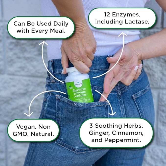 Nbpure Vegan Digestive Enzyme Complex – Daily Bloating, Gas, & Food Digestive Support for Women & Men – 12 Enzymes & 3 Herbs – Lactase, Protease, Lipase, Ginger, Cinnamon, Peppermint + More