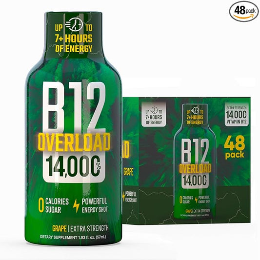 B12 Overload Extra Strength Energy Shot – Grape – 260mg Caffeine, 14000% B12, Electrolytes – Energy & Vitality Support – Zero Sugar No Calories – Vegan, Kosher, Gluten-Free – 1.93 fl oz, 48-Pack