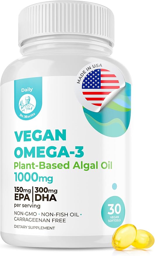 DR. MORITZ Vegan Omega 3 DHA & EPA Supplement - Algae Omega-3 Fatty Acids 1000mg - Fish Oil Alternative for Heart, Brain, Joint, Immune System Support 30 Count(Pack 1)