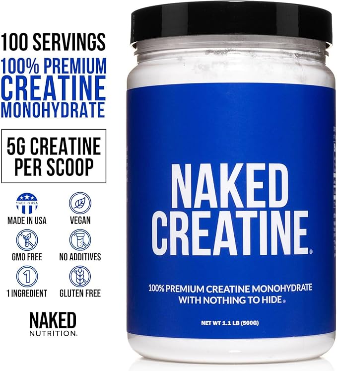 Naked Pure Micronized Creatine Monohydrate - 100 Servings - 500 Grams, 1.1Lb Bulk, Vegan, Non-GMO, Gluten Free, Soy Free. Aid Strength Gains, No Artificial Ingredients Creatine