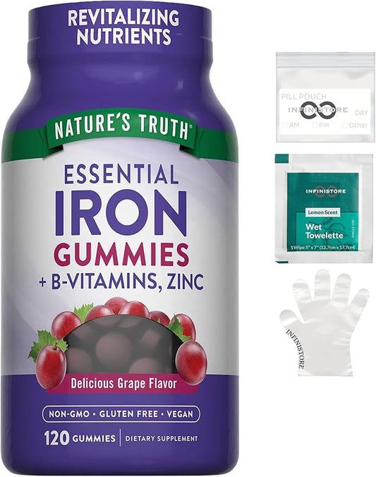 InfiniStore™ Medicine Pouch, Moist Towelette & Plastic Gloves Made for Nature Truth Essential Iron Gummies + B-Vitamins, Zinc, 120 Count, Natural Grape Flavor - Non-GMO, Gluten Free, Vegan
