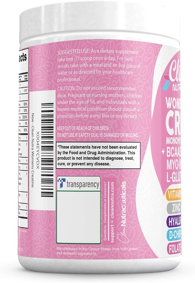 Creatine for Women | Creatine Monohydrate + BCAA Powder Myo-Inositol Collagen Biotin Hyaluronic Acid Folate L Glutamine Vitamin D3 Iron Zinc D-Chiro-Maca Digestion Shelf Builder by Clean Nutra