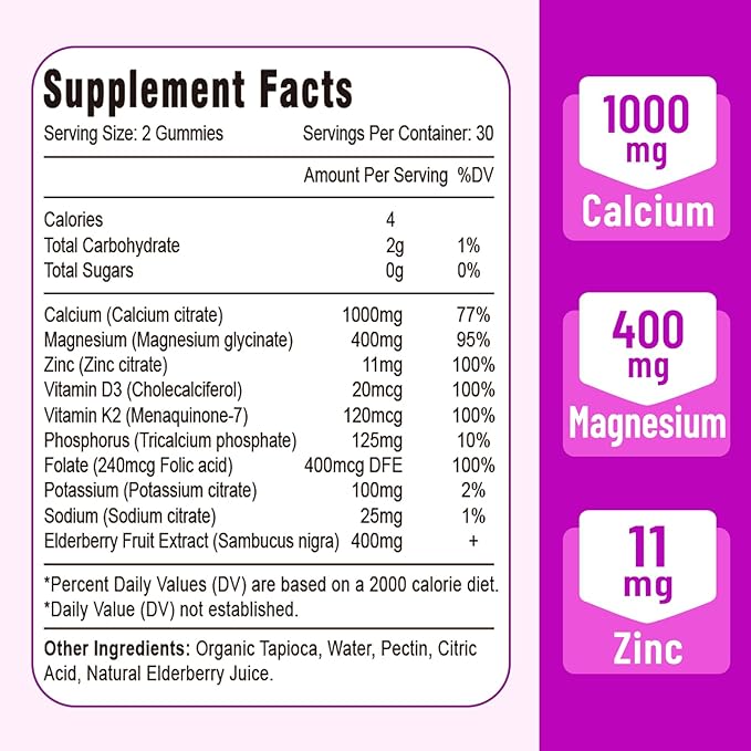 Calcium Magnesium Zinc Gummies with Vitamin D3 and K2, High Absorption Magnesium Glycinate Potassium for Immune and Muscles, Vegan Elderberry Flavor 60 Gummies