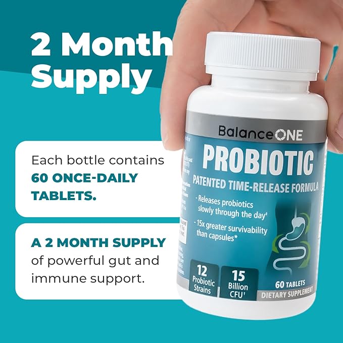 Balance ONE Probiotics for Women & Men – 15x Better Survivability vs Capsules – 15 Billion CFU Probiotic for Gut Health – 12 Strains Lactobacillus Plantarum, Acidophilus & Salivarius – 60 Tablets