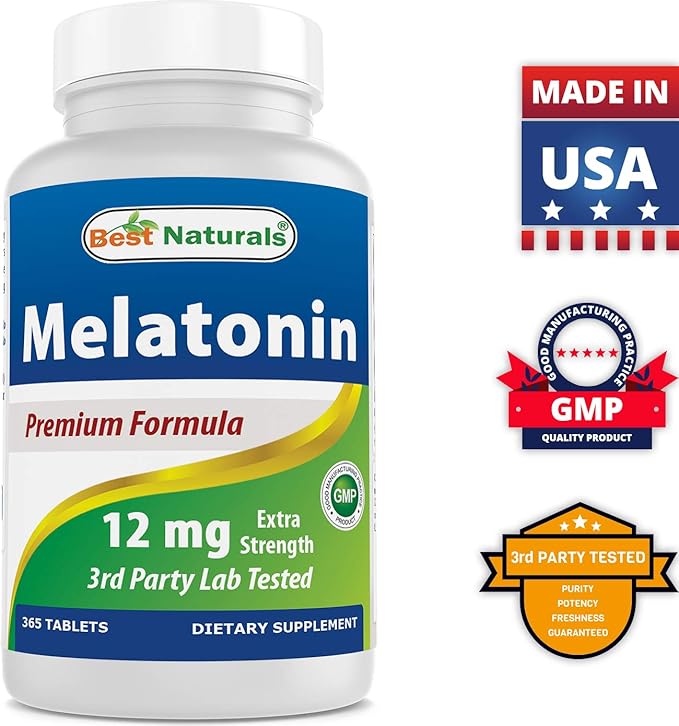 Best Naturals Melatonin 12 mg (1 Year Supply) - Drug-Free Nighttime Sleep Aid - Melatonin for Sleep and Relaxation, 365 Count (365 Count (Pack of 3))