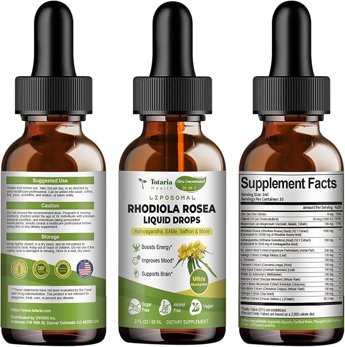 Liposomal Rhodiola Rosea Tincture, Ultra Strength Rhodiola Supplement with Ashwagandha, Saffron, Magnesium, SAM-e, Rhodiola Rosea Extract Liquid Drops for Natural Relaxation, Mood, Energy, Pack of 2