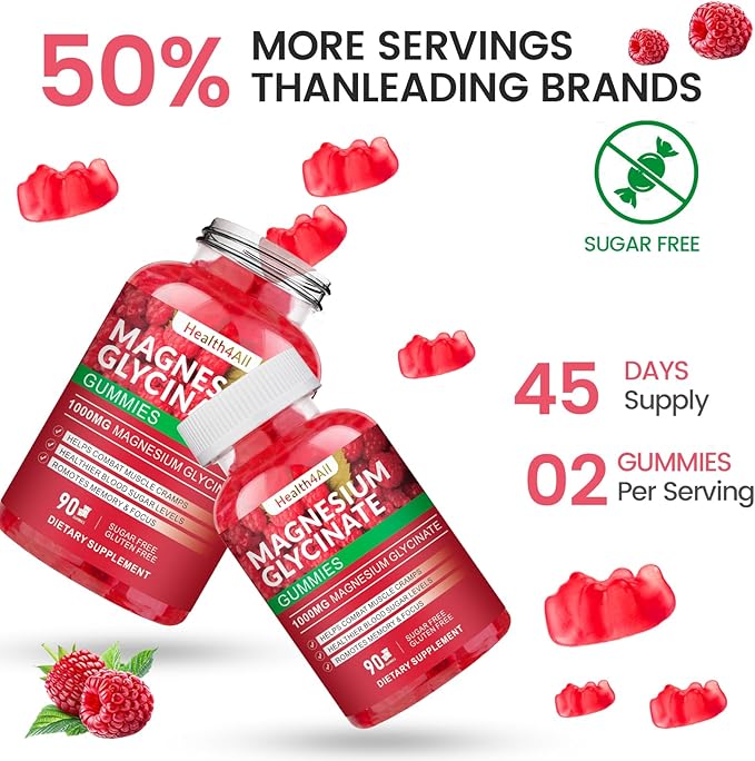 Magnesium Glycinate Gummies 1000mg, High Absorption Sugar Free Magnesium Potassium Supplement for Relaxation, Stress Relief, and Sleep Support for Adults & Kids - 90 Raspberry Gummies
