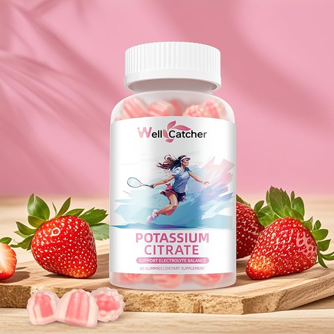 Potassium Gummies Supplement Men Women - High Potassium Citrate Gummies Sugar Free for Adults Kids Support Leg Cramps Electrolyte Balance Vegan Non-GMO Organic Strawberry Flavor 60 Counts