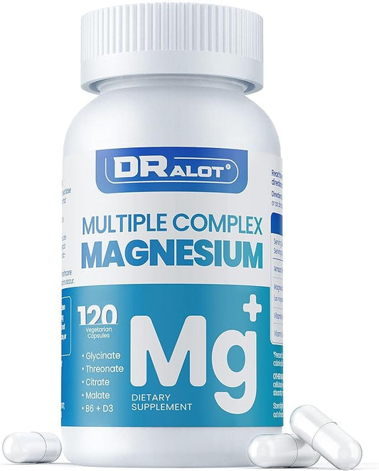 Quadruple Magnesium Supplement, 400mg of Chelate Magnesium Glycinate, L-threonate, Citrate & Malate | Max Absorption Complex w/Vitamin D3 & B6, for Sleep Heart Muscles Nerves, Non-GMO, 120 Vegan Caps