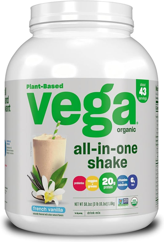 Vega Organic All-in-One Vegan Protein Powder, French Vanilla -Superfood Ingredients, Vitamins for Immunity Support, Keto Friendly, Pea Protein for Women & Men, 3.1 lbs (Packaging May Vary)