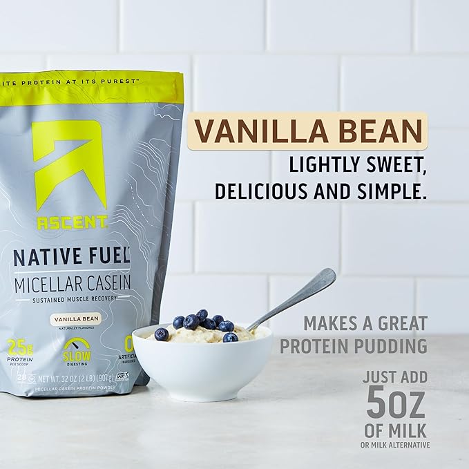 Ascent Casein Protein Powder - 25g Micellar Casein Powder with Zero Artificial Flavors & Sweeteners, Gluten-Free, No Added Sugar, 4.9g BCAA, 2.2g Leucine - Vanilla Bean, 2 Pounds