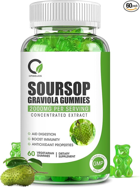 Soursop Graviola Gummies, Organic Soursop Leaves and Seeds Extract with Vitamin C, Zinc, Digestive Aid, Immune Support and Antioxidant Properties,Gluten Free, Vegan, 60 Gummies