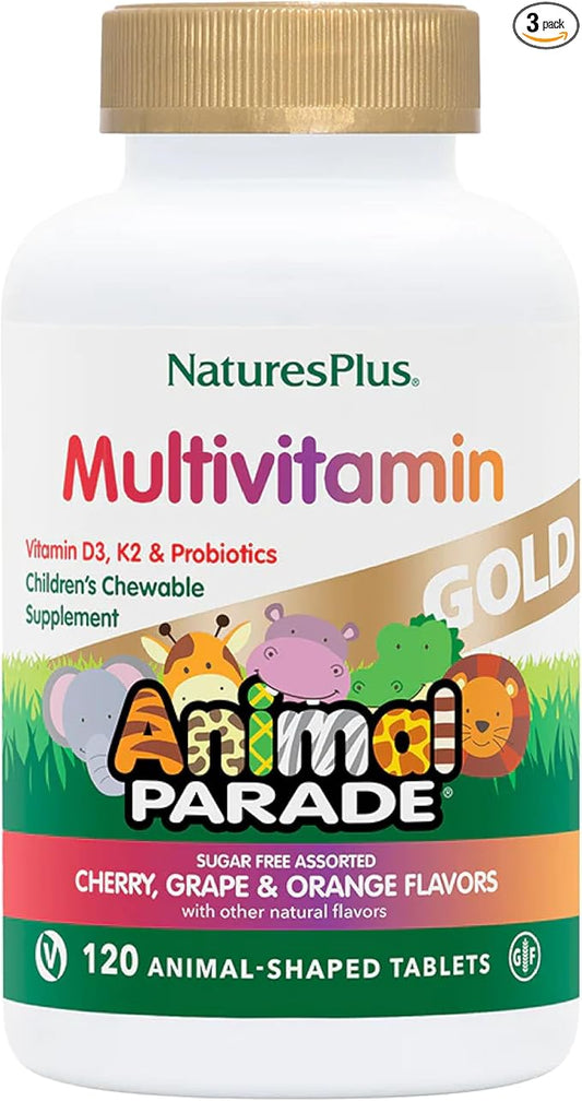 NaturesPlus Animal Parade Gold Children's Multivitamin - Assorted Cherry, Orange & Grape Flavors - 120 Animal-Shaped Chewable Tablets, Pack of 3 - Vegan, Gluten Free - 180 Total Servings