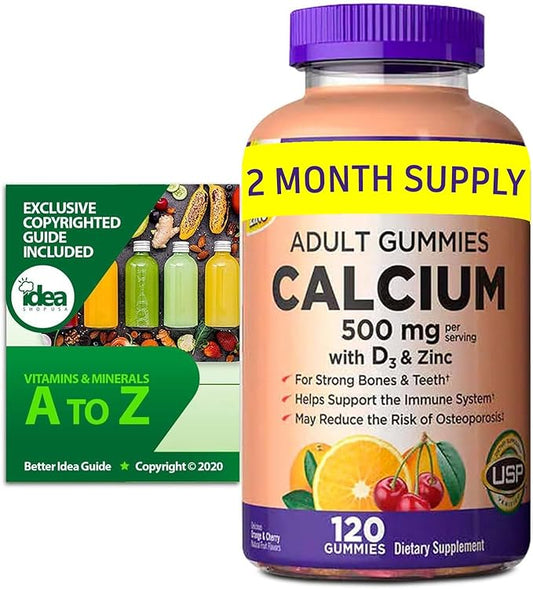 Calcium Gummies 500 mg with D3 & Zinc, Bone Health, 120 Gummies (1 Pack) Bundle with Exclusive Vitamins & Minerals - A to Z - Better Idea Guide