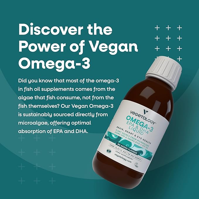 Vegan Omega 3 Liquid, from Microalgae, 800mg of EPA DHA, with Vitamin D3, Supports Heart, Brain and Eye Health, Natural Fish Oil Alternative, UK Made, Unflavoured