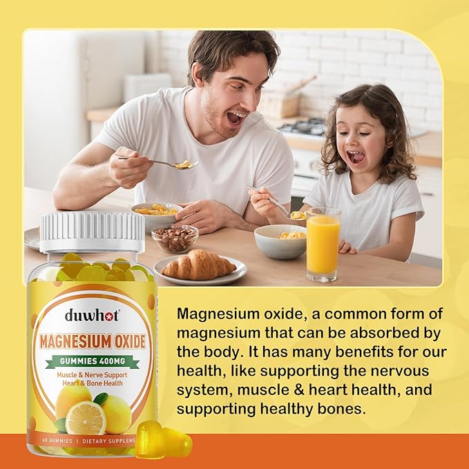 Magnesium Oxide Gummies 400mg, Magnesium Oxide Chewable Supplement for Adults & Kids, Nerve, Muscle, Bone & Heart Support, Non GMO, Pectin, Vegan, 60