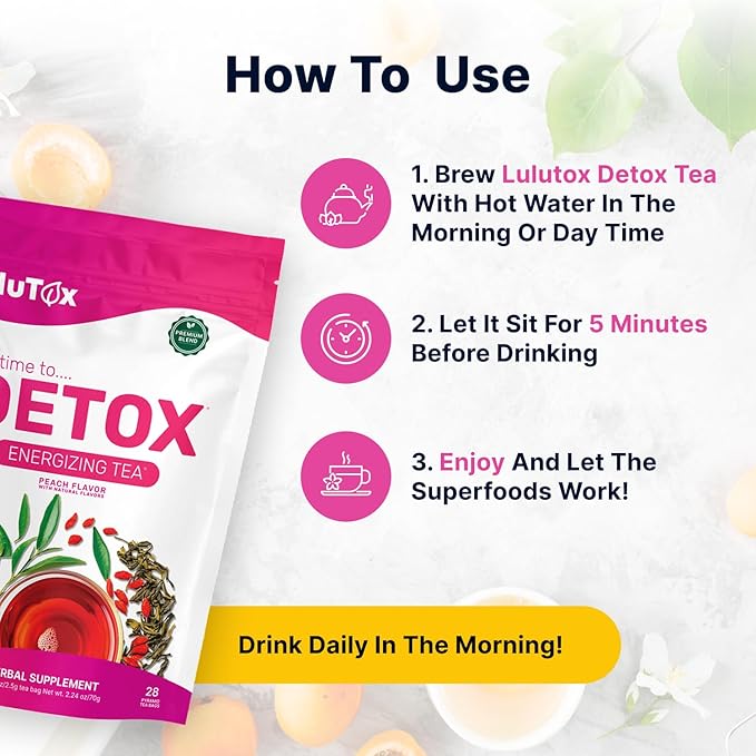 Detox Tea - Herbal Blend with Dandelion, Ginseng, and Ginger - Supports A Healthy Weight, Digestive Health - Vegan, All Natural, Laxative-Free - Peach Flavor (28 Servings)