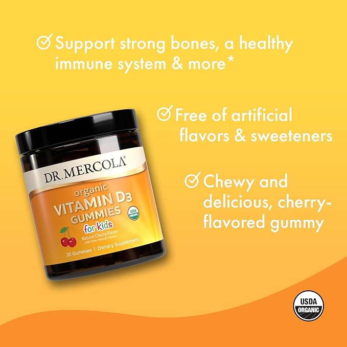 Dr. Mercola Organic Vitamin D3 Gummies for Kids, 30 Servings (30 Gummies), 1,000 IU, Natual Cherry Flavor, Dietary Supplement, Bone & Immune Support, Non-GMO