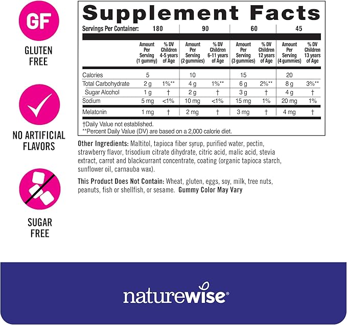 NatureWise Kids Melatonin 1 mg Sugar-Free Gummies for Children Ages 4 & Up - Non-Habit Forming Sleep Aid - Strawberry Flavored - Vegan, No Gluten, Non-GMO - 180 Count[6-Month Supply]