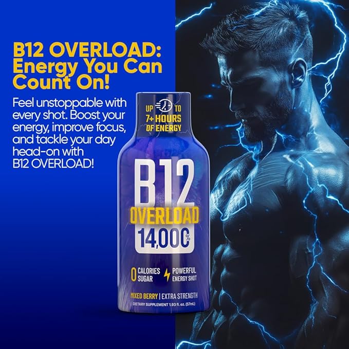 B12 Overload Extra Strength Energy Shot – Mixed Berry– 260mg Caffeine, 14000% B12, Electrolytes – Energy & Vitality Support – Zero Sugar No Calories – Vegan, Kosher, Gluten-Free – 1.93 fl oz, 24-Pack