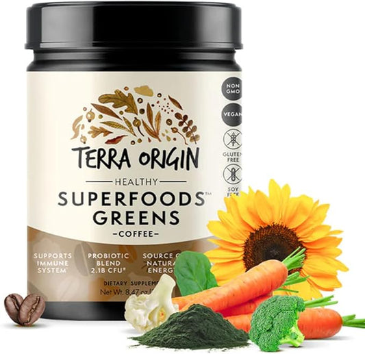 TERRA ORIGIN Superfoods Greens Immune Defense and Digestive Support | Probiotics, Organic Vegetables, Digestive Enzymes | Non-GMO, Gluten-Free, Dairy Free, Vegan | 30 Servings | Coffee Flavor