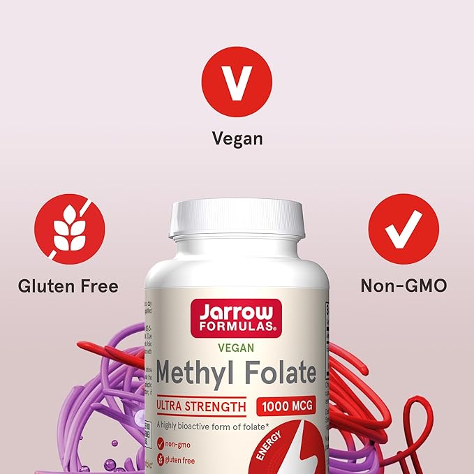 Jarrow Formulas® Methyl Folate 1000 mcg, Dietary Supplement, Methyl Folate for Cellular Energy Support, 100 Veggie Capsules, 100 Day Supply