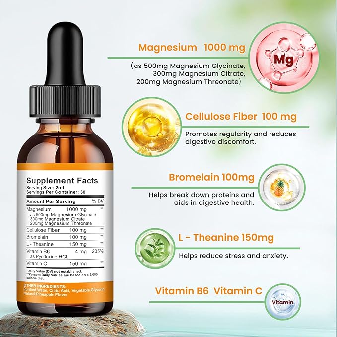 Magnesium Glycinate Liquid Drops, 1000mg of Magnesium Glycinate, Citrate & Threonate for Sleep, Nerve, Energy, Muscle, Bone, Calm & Digestion, High Absorption, 2 Fl Oz, Sugar-Free Pineapple Flavor