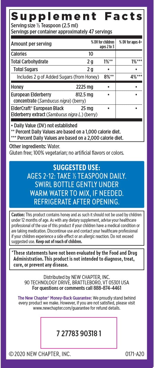 New Chapter Elderberry Kids Syrup, Advanced Immune Defense for Ages 2+, 64x Concentrated Elderberry, Sweetened with Throat-Soothing Grade A Honey, Non-GMO Project Verified, 4 Fl Ounce