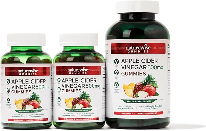 NatureWise Apple Cider Vinegar Gummies - 1000mg ACV per 2 + Vitamin B12 - Pectin Based Vegan, Gluten-Free, Non-GMO -90 Count[45-Day Supply for 1000mg or 3-Months for 500mg]