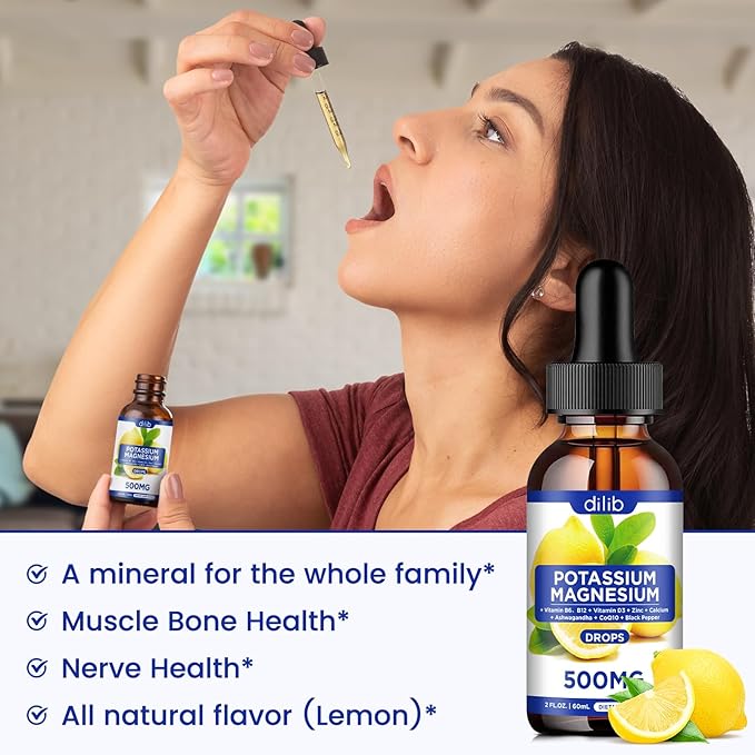 Potassium Magnesium Citrate Supplement, Liquid Magnesium Citrate Drops 500mg with Ashwagandha, Calcium, Zinc, Vitamin D3, B6, B12, CoQ10 - Vegan 2 fl oz Lemon Flavor