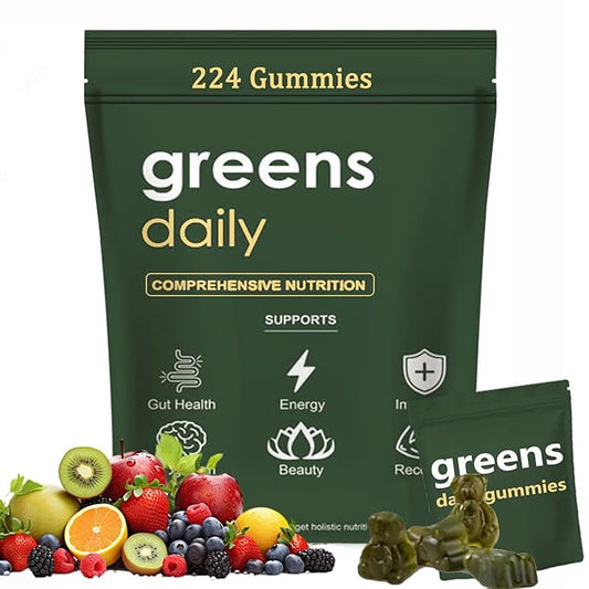 Greens Gummies - Organic Chlorella and Spirulina, Digestive & Gut Health, Formulated with 60+ Ingredients, Multi-Vitamins & Minerals, Daily Gummies, 224 Gummies Bear
