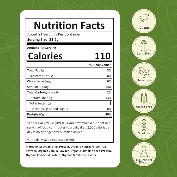 Organic Vegan Protein Powder – Matcha Flavor, Plant-Based, Gluten-Free, Non-GMO, 20g Protein Per Serving, Ideal for Smoothies, Shakes, Baking, Cooking (1 Pack, 20 Servings)