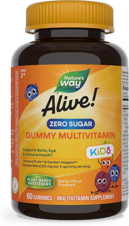 Nature’s Way Alive! Kids Zero Sugar Gummy Multivitamin, for Kids Ages 2+, Supports Bone, Eye & Immune Health, No Sugar Alcohols, Plant-Based Sweeteners, Berry-Citrus Flavored, 60 Gummies