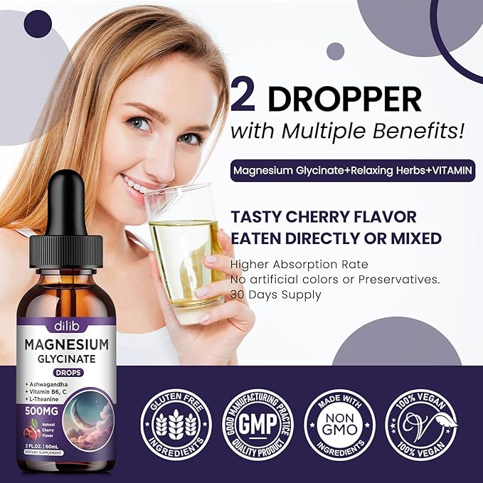 Magnesium Glycinate Liquid Drops 500mg, with Vitamin B6, Ashwagandha, L - Theanine, Chamomile, Magnesium Glycinate Supplement High Absorption for Sleep, Stress, Energy, Mood - Cherry Flavor