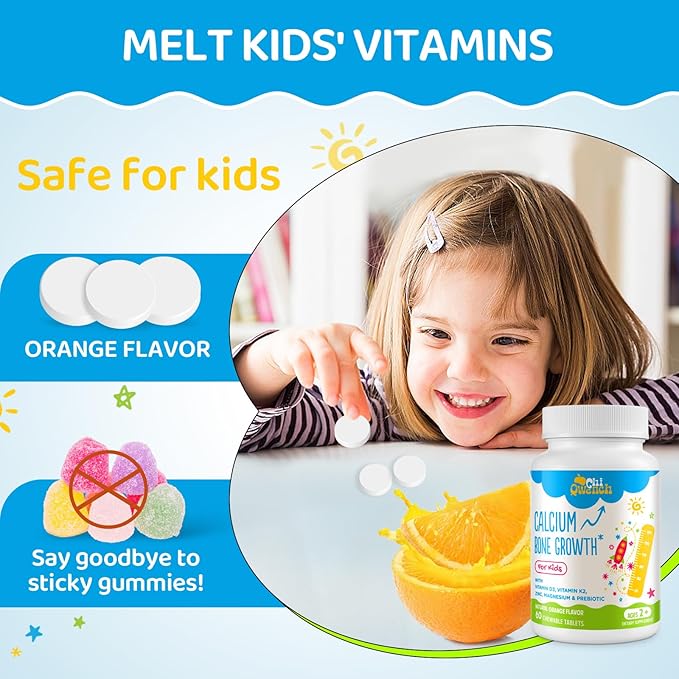 500 MG Calcium Supplement with Vitamin D3 & K2, Zinc, Magnesium & Prebiotics. Kids Vitamins for Kids' Height. Bone Strength, High Absorption, Orange Chewables, Gluten Free, 60 Tabs