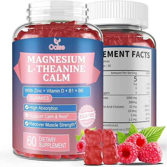 Magnesium Gummies with 2000mg Magnesium, Plus L-Theanine, Zinc, Vitamin D, B1,B6 for Adults and Kids, Stress & Muscle Relief, Sugar Free，Raspberry (60 Counts)