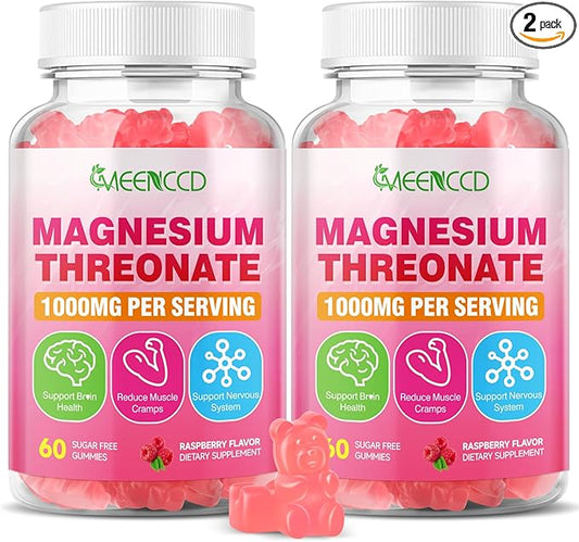 2 Pack Magnesium Threonate Gummies 1000mg, Magnesium L-Threonate Supplement for Kids & Adults, Muscle & Nervous System Support, Non-GMO, Sugar-Free, Raspberry Flavor, 120 Count