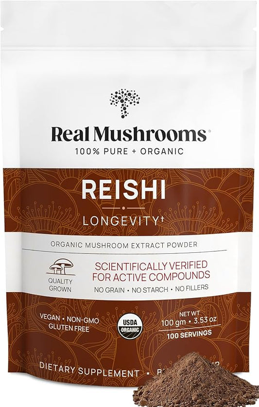 Real Mushrooms Reishi Powder - Organic Mushroom Extract Supplement with Potent Red for Longevity, Mood, Sleep, Immune Support Vegan Supplement, Non-GMO, 100 Servings