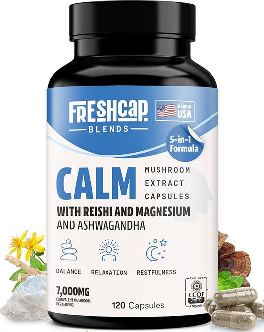 FreshCap 5-in-1 Calm Magnesium Glycinate Supplement, 7000mg Reishi Mushroom Capsules, Calm Magnesium, Natural Calm Magnesium Supplement, St Johns Wort Extract, Ashwagandha Magnesium, Ayurveda