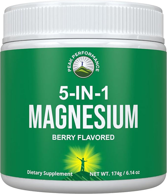 5-in-1 Magnesium Powder Drink for Women & Men. Magnesium Glycinate + Citrate + Malate + Chelate + Taurate. Great Tasting Vegan Supplement for Muscle Relaxation, Sleep, Cramps. Berry Flavor