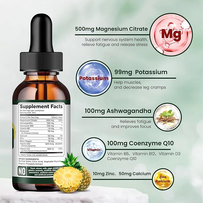 Potassium Magnesium Citrate Supplement, Liquid Magnesium Citrate Drops 500mg with Ashwagandha, Calcium, Zinc, Vitamin D3, B6, B12, CoQ10 - Vegan 2 fl oz Pineapple Flavor