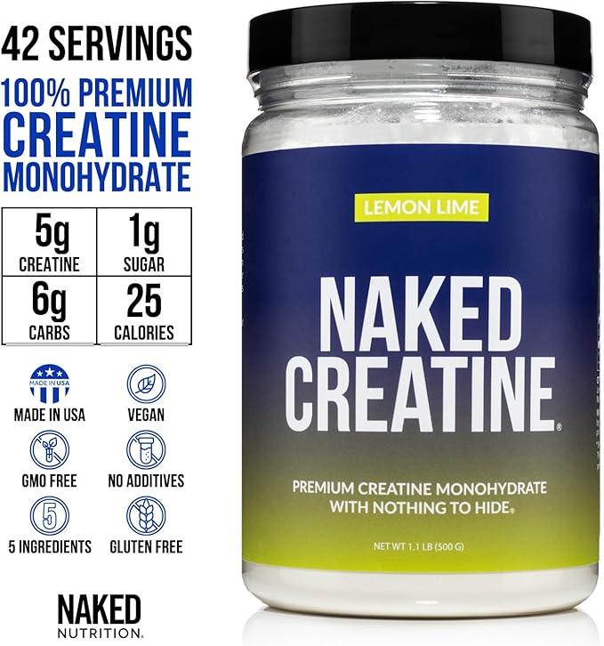Naked Pure Micronized Lemon Lime Creatine Monohydrate - 42 Servings - 500 Grams, 1.1Lb Bulk, Vegan, Non-GMO, Gluten Free, Soy Free. Aid Strength Gains, No Artificial Ingredients Creatine