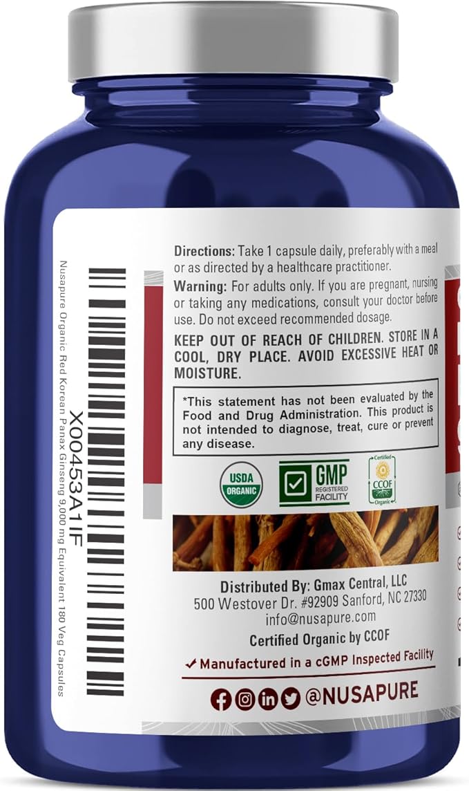 NusaPure Red Korean Panax Ginseng 9,000mg 180 Veggie Caps (USDA Organic, Non-GMO, Extract 20:1)