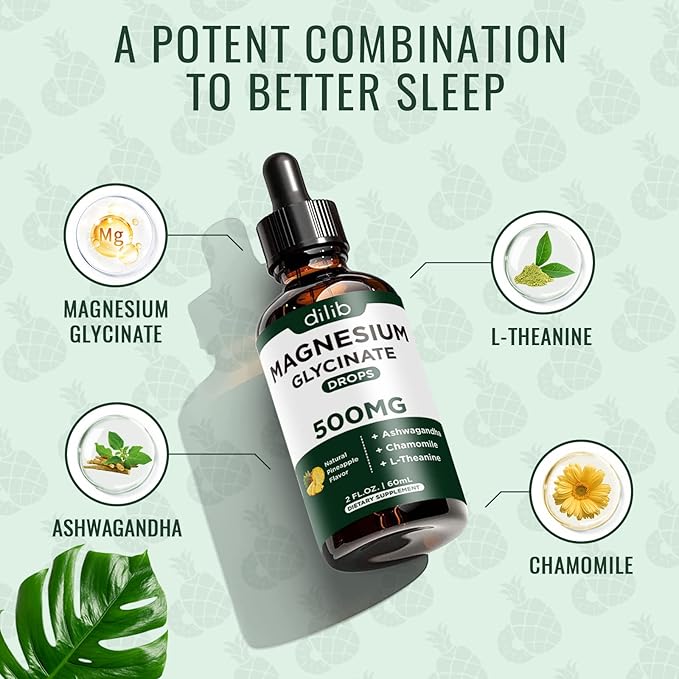 Magnesium Glycinate 500mg - Liquid Magnesium Drops, Ashwagandha, L - Theanine, Chamomile - Calm & Stress Relief, Relaxation, Restful Sleep, Muscle Heart Health, Vegan - 2 Fl Oz (30 Days)