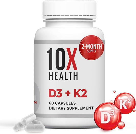 10X Health Vitamin D3 5000 IU & K2 MK7 - Menaquinone 7, High-Potency D3 K2 Vitamin Supplement for Bone Health, Heart and Teeth - 125 mcg Vitamin D & 90 mcg Vitamin K2-60 Capsules