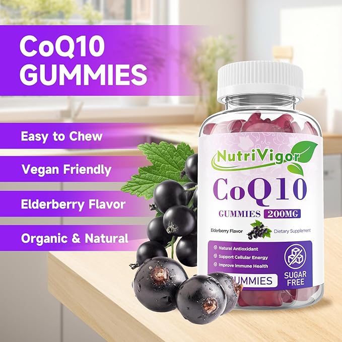 CoQ10 Gummies, Coenzyme Q10 Supplement 200mg, High Absorption CoQ10 Supplement for Cellular Energy and Immune Health, Vegan, Gluten Free, Elderberry Flavor, 60 Count