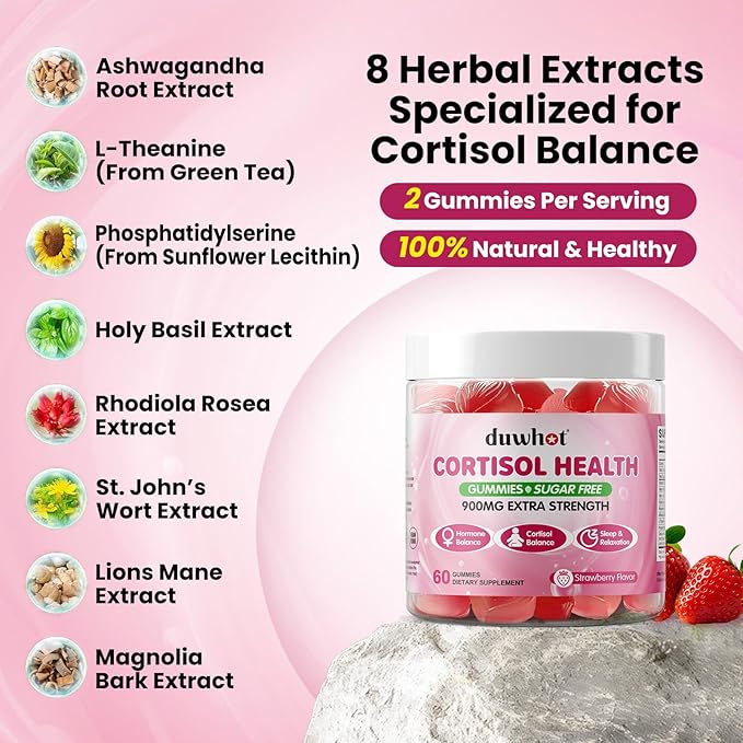 Cortisol Gummies, 15 in 1 Lower Cortisol Supplements for Women, w. Ashwagandha, Magnesium, Phosphatidylserine, Folate for Hormone Balance, Mood, Focus, Sleep Support, Sugar Free, Vegan, 60