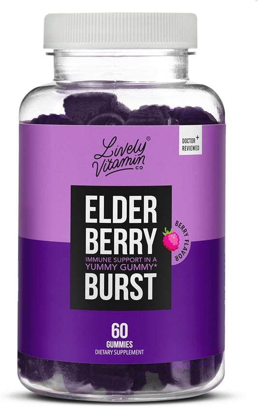 LIVELY VITAMIN CO. Elderberry Burst Gummies for Kids & Adults - Boosts Immune Health - Helps Avoid Colds & Illness - Black Elderberry, Vitamin C & Zinc - 3 Grams of Sugar - No Gelatin - 60 Gummies