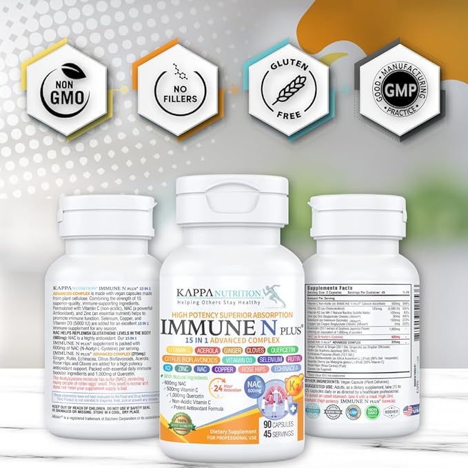 (90 Capsules), NAC 600mg, Quercetin 1,000mg, Vitamin C 500mg, Zinc 50mg, Vitamin D3 5,000iu, Selenium, Copper, Acerola, Ginger, Rutin, Citrus Bioflavonoids, Rose Hips, Echinacea, Immune N Plus 15 in 1